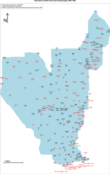 Map showing location and period of record for hindcasted gages