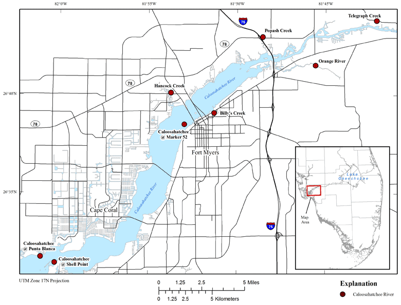 Location map showing Caloosahatchee River sites