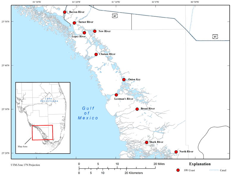 Location map showing Southwest Coast sites